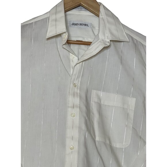 Vintage John Henry White Striped Mens Button-Up Shirt 15.5 34/35 Regular Fit - Picture 2 of 16